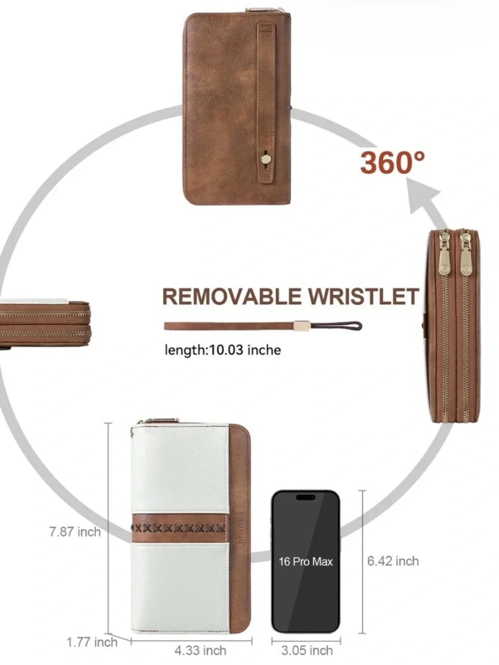 Bostanen RFID White and Brown double zip Full Capacity Wristlet Wallet